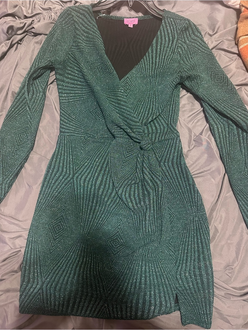 miami Emerald Green Metallic Wrap-Front Long Sleeve Dress